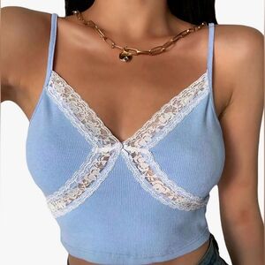 Baby Blue Crop Tank Top with Lace Detail Women's Size M